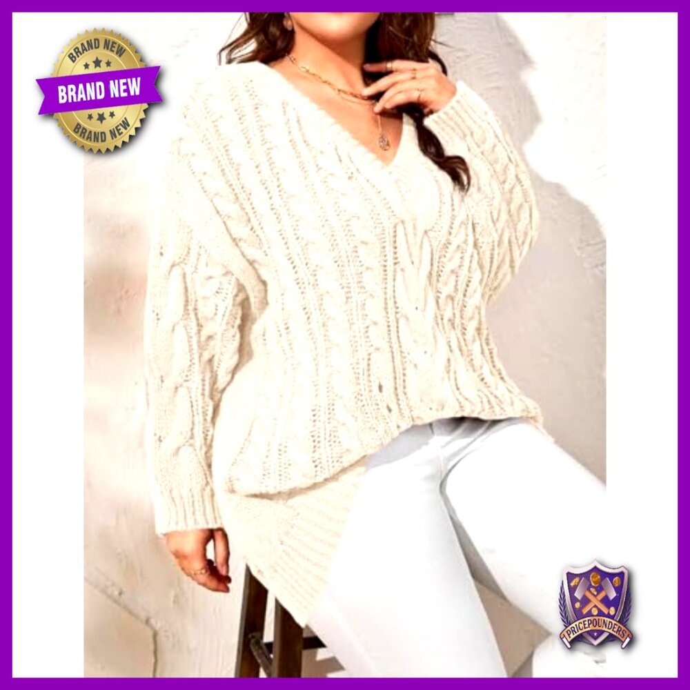 Plus Size V-Neck Cable Knit Pullover Sweater Loos… - image 3
